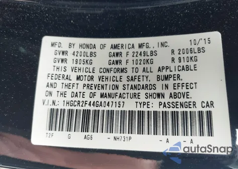 2016 Honda Accord Lx z USA, uszkodzony, nr VIN 1HGCR2F44GA047157